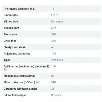 ENSY AHU-200H vertikalus dešinės pusės rekuperatorius 260m³/h su integruotu Wi-fi valdymo pultu spalvotu ekranu 4