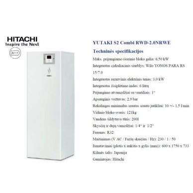 HITACHI YUTAKI S 4,3 kW Combi su integruotu boileriu (su pasirinkimais)