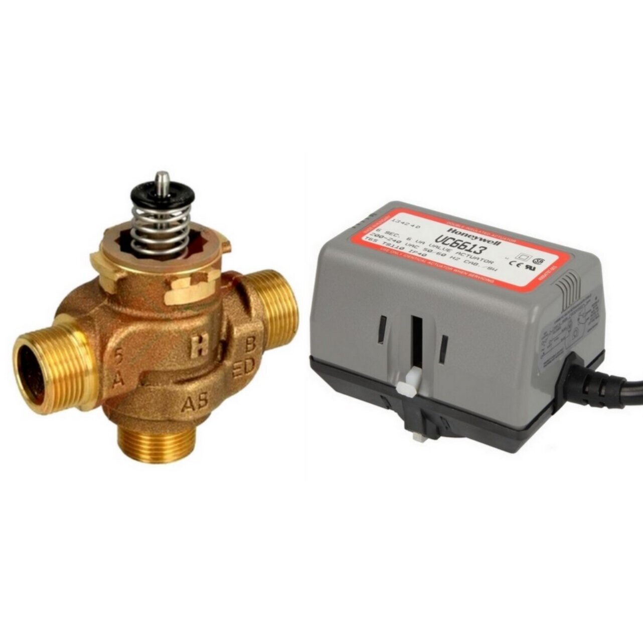 Honeywell pavara VC vožtuvams 230V ir trieigis vožtuvas srautų skyrimui DN25 Honeywell pavara VC vožtuvams 230V ir trieigis vožtuvas srautų skyrimui DN25