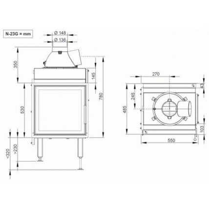 Nordpeis N-23G židinio kapsulė, ugniakuras 10kW 1 Nordpeis N-23G židinio kapsulė, ugniakuras 10kW 1