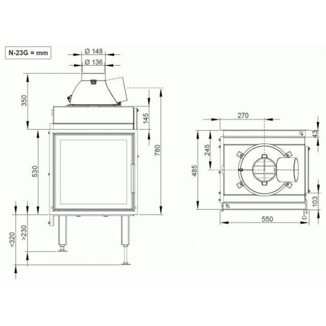 Nordpeis N-23G židinio kapsulė, ugniakuras 10kW 1 Nordpeis N-23G židinio kapsulė, ugniakuras 10kW 1